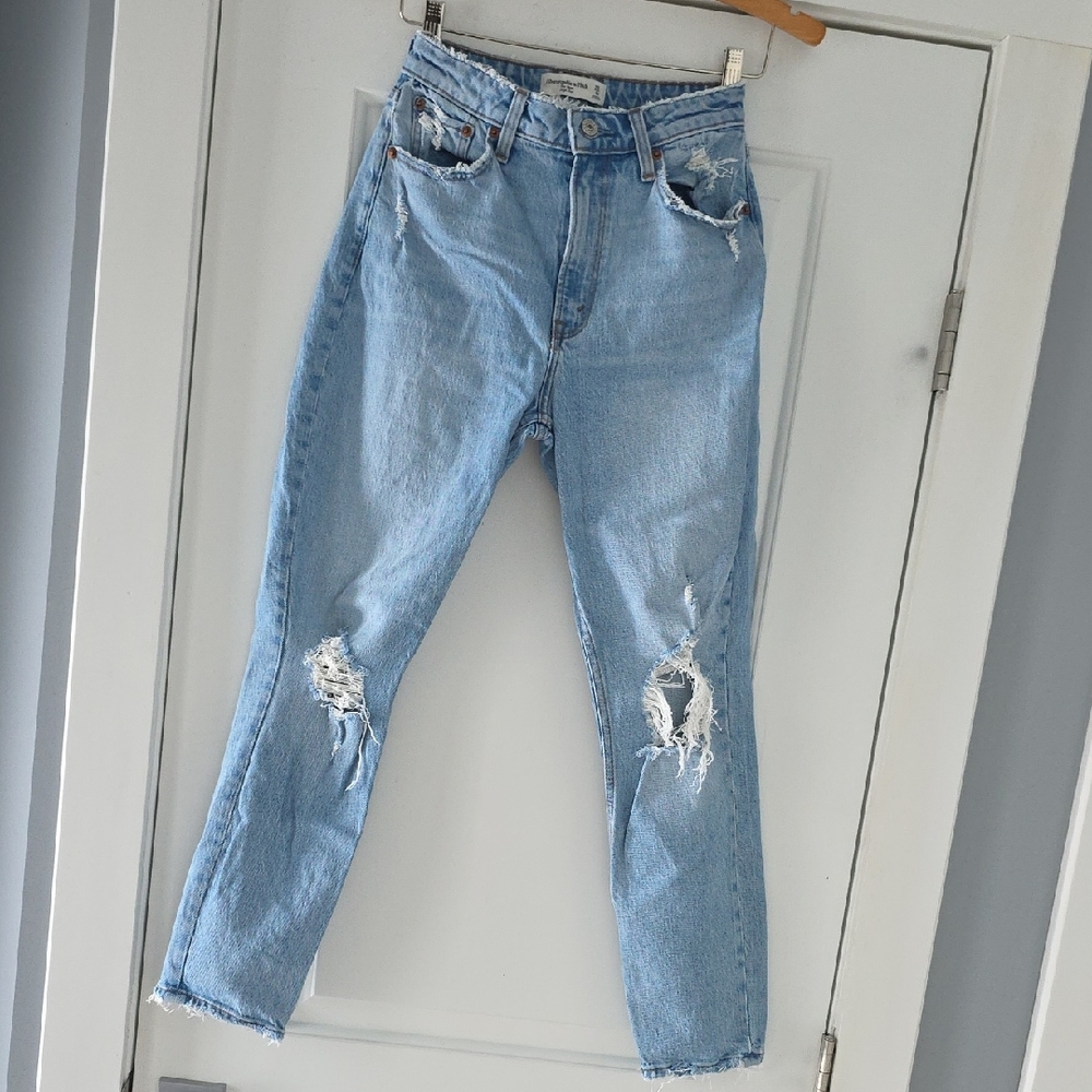 Abercrombie & Fitch Light Blue Distressed Mom High Rise Curve Love Jeans